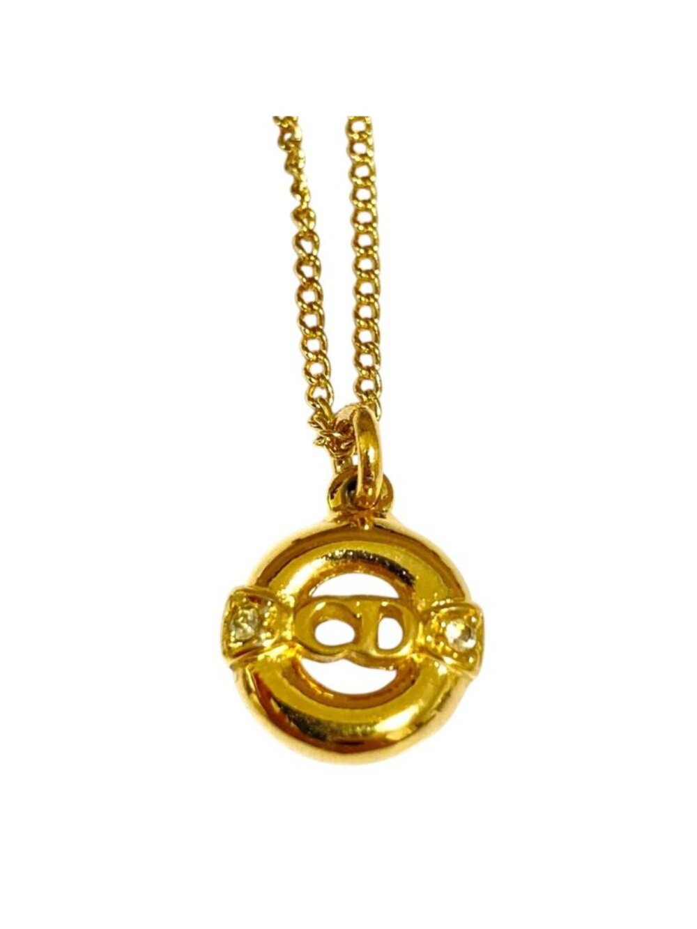 Dior Vintage Circle CD Logo Rhinestone Necklace Gold Colored